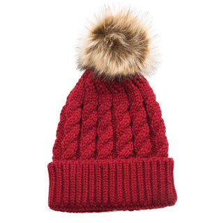 ruby cable knit hat with faux fur pom pom