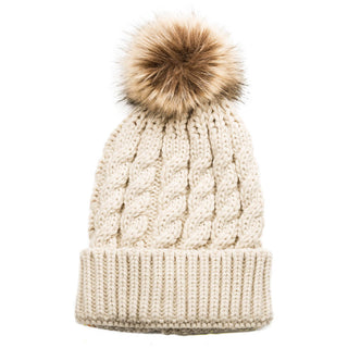sand cable knit hat with faux fur pom pom