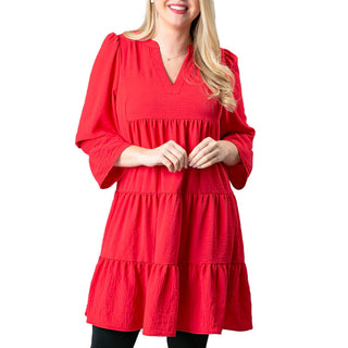 Red 3/4 sleeve tiered dress