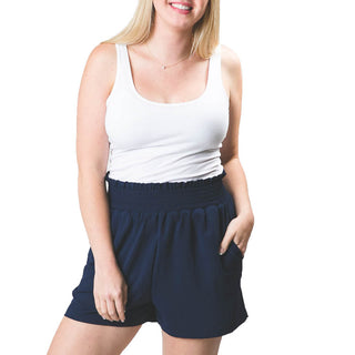 Navy colored loose shorts with high-waisted stretchy elastic waistband 