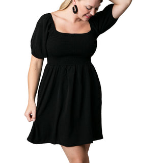 Black Short Sleeve Dress with Smocking at Bust