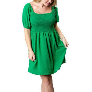 Green Short Sleeve Dress with Smocking at Bust