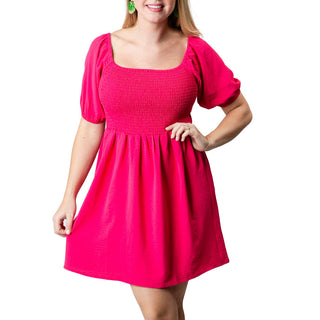 Hot Pink Short Sleeve Dress with Smocking at Bust