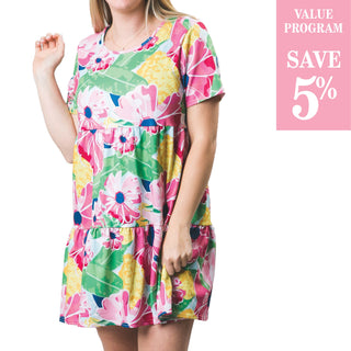 Millie dress in multicolor Pink Pineapple Blossoms, short sleeve with three-tiered style, in assorted sizes