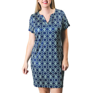 Navy with Green Geometric print short-sleeved dress with v-neck