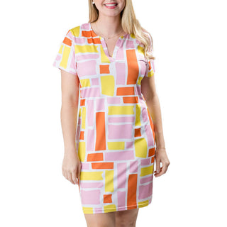 Pink, orange and yellow blocks print short-sleeved dress with V-neck