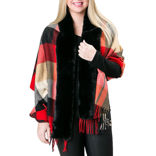 Red and Black Plaid Wrap with Faux Fur and Fringe Detailing