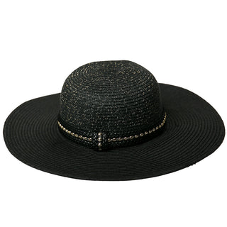 Black sun hat with gold braid detailing and gold lurex thread woven into crown