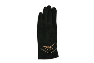 black Savannah Glove in faux suede with camel bow and stitching accents