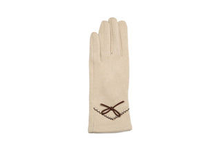 cream Savannah Glove in faux suede with brown bow and stitching accents
