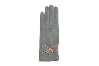gray Savannah Glove in faux suede with pink bow and stitching accents