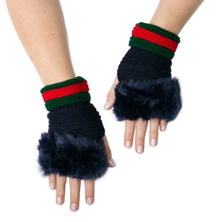 Navy Taryn knit fingerless glove with faux fur trim at fingers and green and red trim at cuff