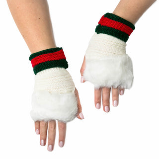 White Taryn knit fingerless glove with faux fur trim at fingers and green and red trim at cuff