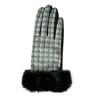 black houndstooth texting gloves with black faux fur trim