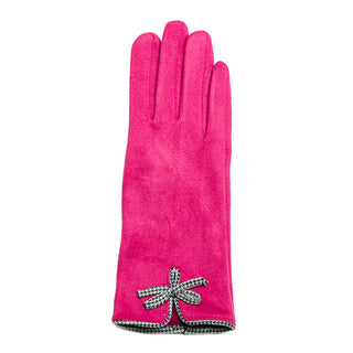 Lilah faux suede texting glove in magenta with black and white bow detail