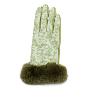light green leopard print texting glove with faux fur cuff