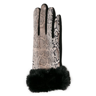 snake print texting gloves for women with black faux fur cuff