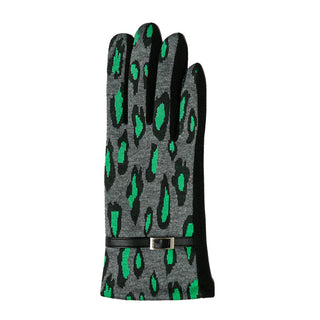 Gray and green leopard print texting gloves with faux belt accent