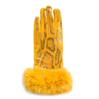 mustard yellow Sylvia glove in snake print and faux fur cuff