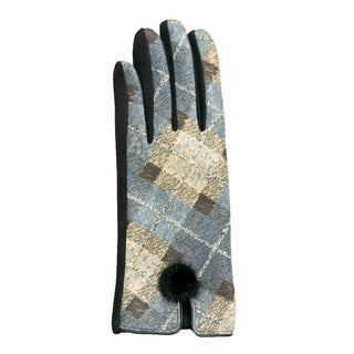 Blue and tans argyle plaid Edith touch screen glove with pom pom accent