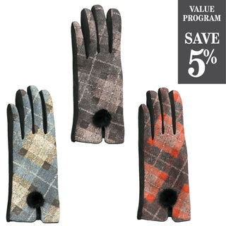 Assortment of argyle plaid Edith touch screen glove with pom pom accent in 3 colors