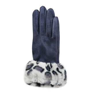 navy faux suede texting gloves with faux fur cuff