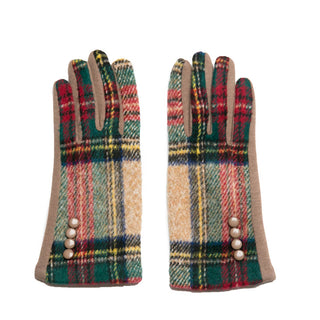 Camel tartan plaid texting gloves with four camel button