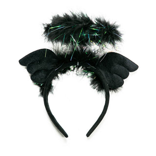Whimsy Halloween headband with black wings and halo