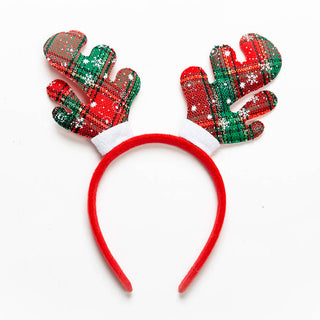 Whimsy Christmas Headband with antlers red and green plaid with snowflakes