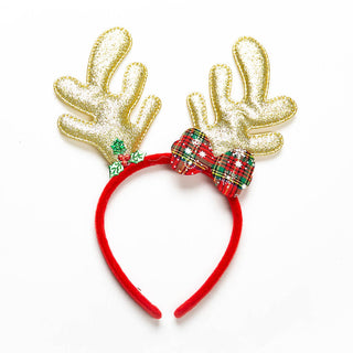 Whimsey Christmas headband with gold antlers and, red and green plaid bow