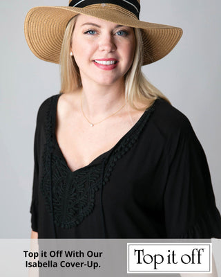 close-up of viscose cover-up with ruffle in black with model wearing beach hat