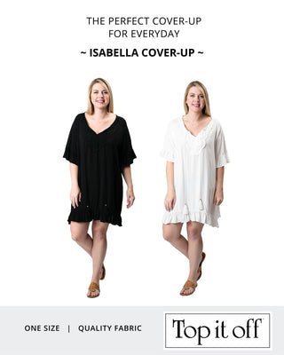 viscose cover-up with ruffle, black and white shown side-by-side