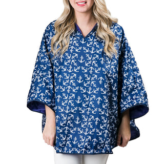Navy with White Anchors Reversible Rain Poncho with a Hood and Zipper Pocket