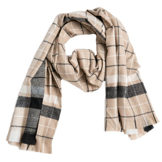 Camel plaid with white and black scarf.