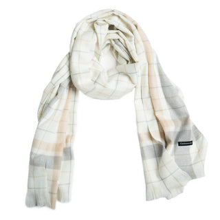Cream plaid with gray and camel scarf.