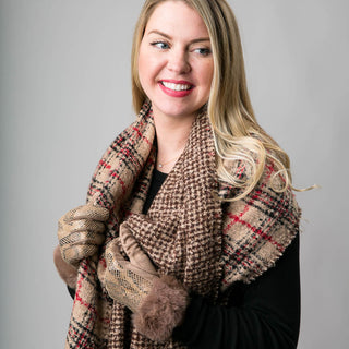 tan plaid reversible Rita scarf with snake print gloves with fur 