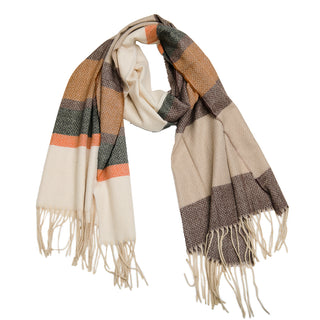 brown, scream and orange wide stripe scarf with fringe trim