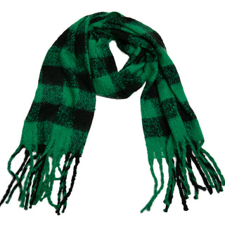 Black and Green Buffalo Plaid Oblong Scarf with Fringe
