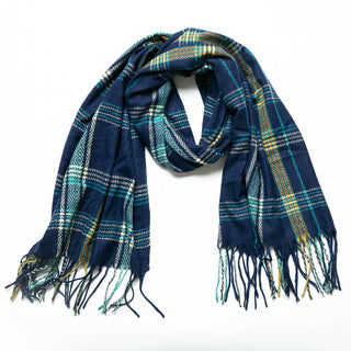 navy, green and mustard plaid Lynn scarf with fringe