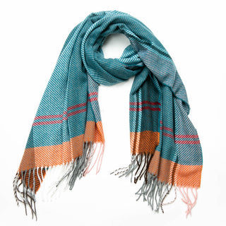 teal blue and orange plaid Amila scarf with fringe