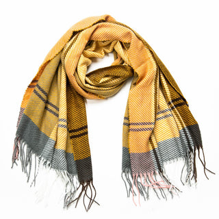 mustard yellow and gray plaid Amila scarf with fringe