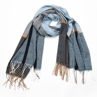 kathy plaid scarf with fringe in blue, gray and brown
