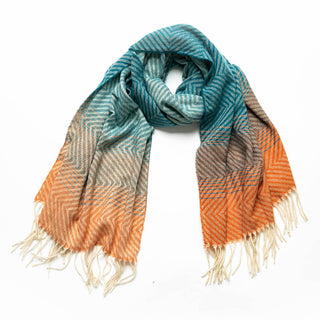 orange, teal, brown and cream chevron stripe scarf with cream fringe