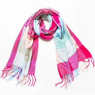 pink, blue and white check plaid Carrie blanket scarf with fringe