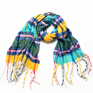 blue, yellow and pink plaid Indie blanket scarf with fringe