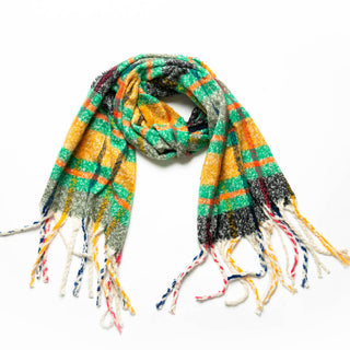 green, orange and yellow plaid Indie blanket scarf with fringe