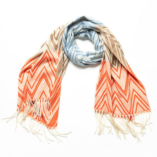 Orange, taupe, blue and cream zig zag Talia scarf with cream fringe
