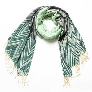 green, black and cream zig zag Talia scarf with cream fringe