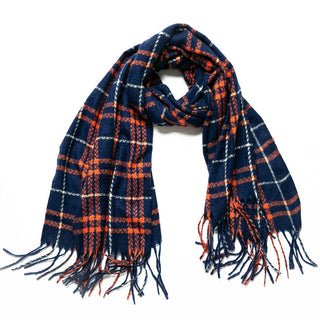 navy and orange plaid Willa scarf with fringe