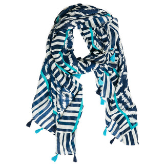 navy blue and white ikat stripe scarf with tassels